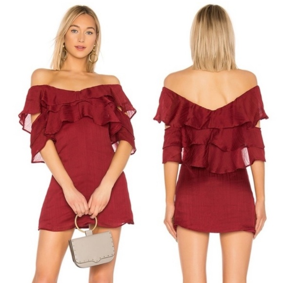 REVOLVE HOUSE OF HARLOW 1960 Ramon Crimson Red Off Shoulder Crepe Mini Dress - Picture 1 of 13